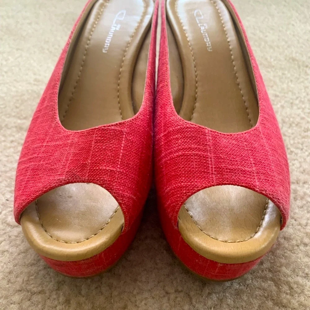 Chinese Laundry Orange Linen Peep Toe Straw Wedge Sandals Size 8.5